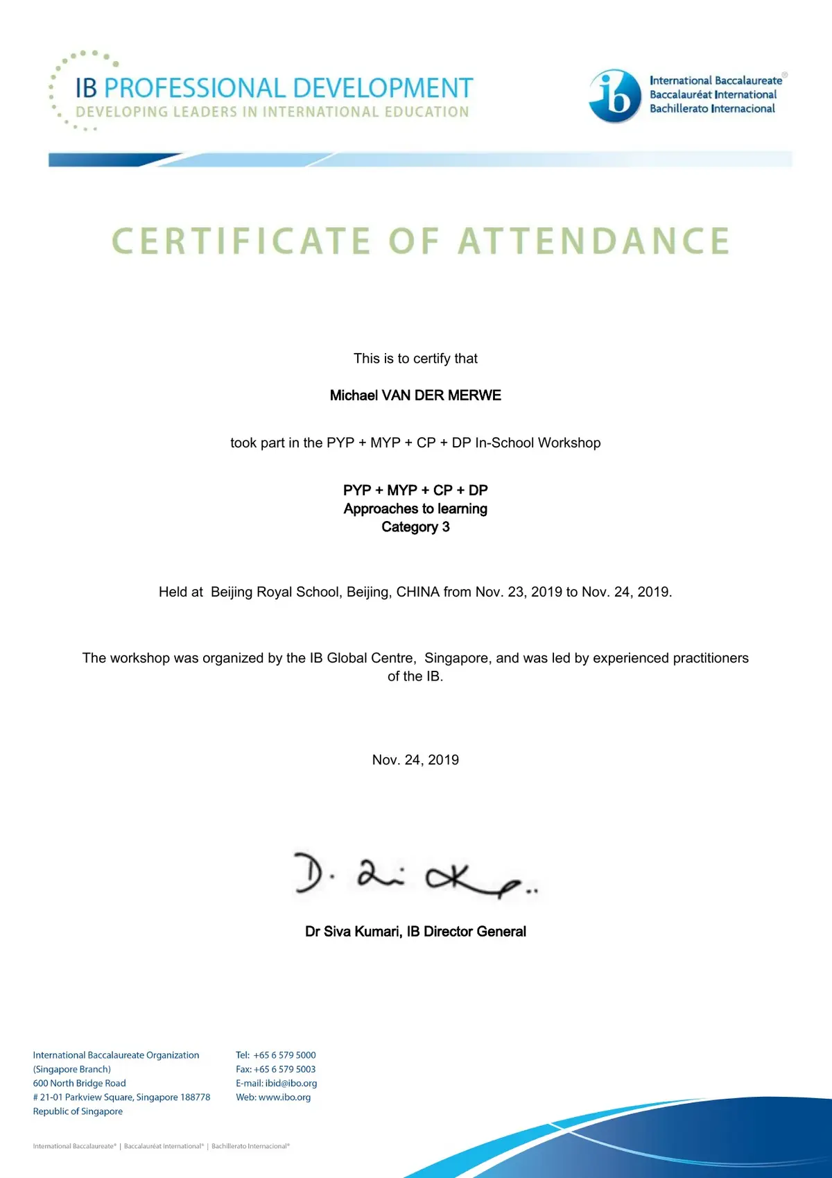 IB Approaches to Learning Category 3 certificate, November 2019