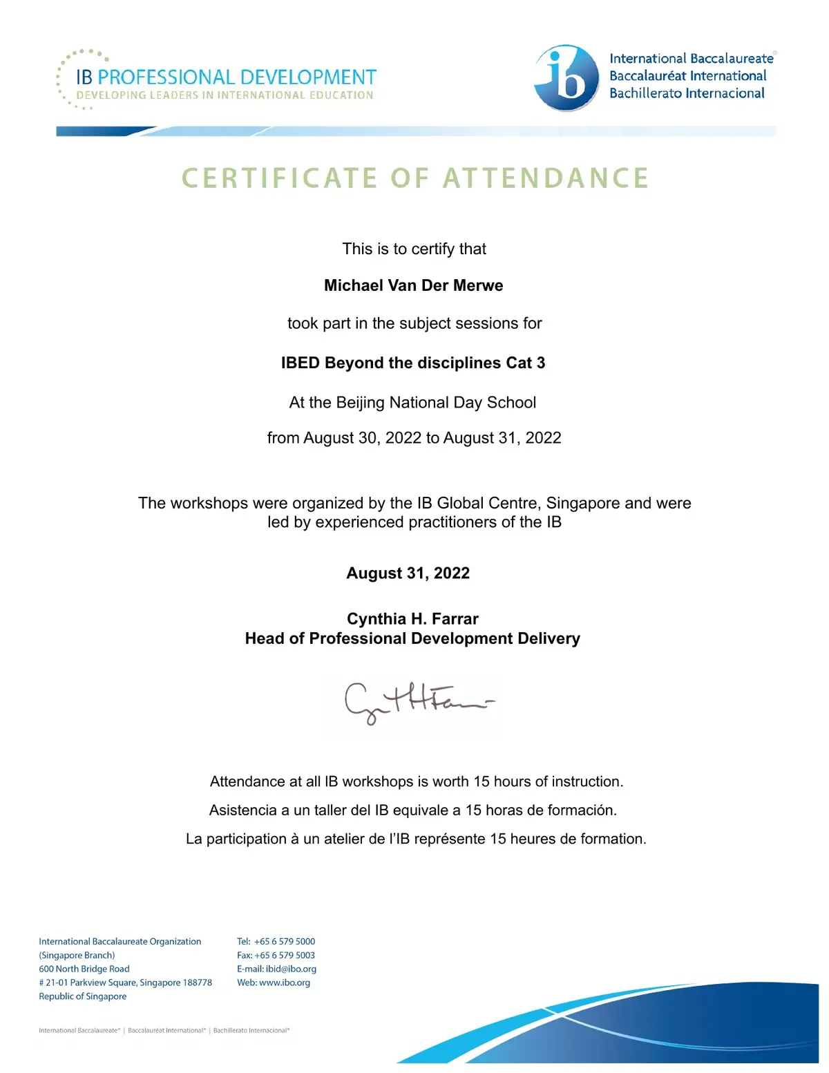 IB Beyond the Disciplines Category 3 certificate, August 2022