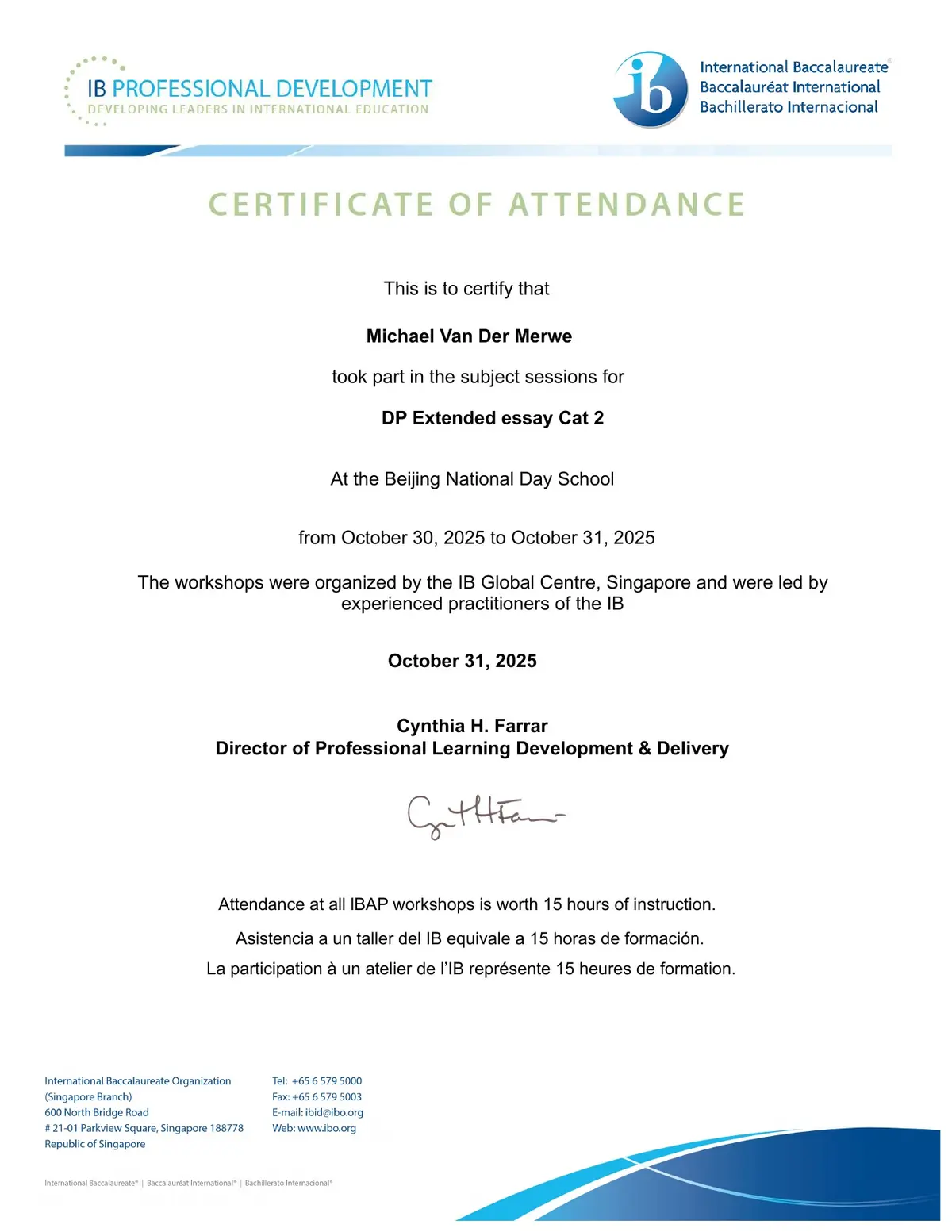 IB DP Extended Essay Category 2 certificate, October 2025