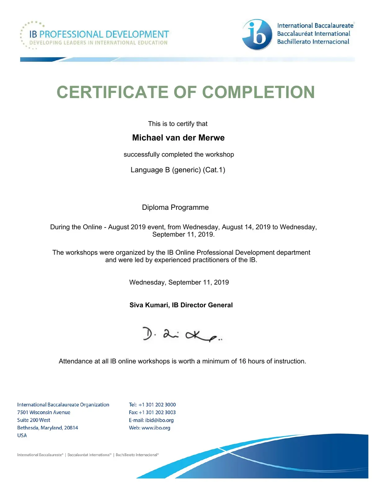 IB Language B Category 1 certificate, September 2019