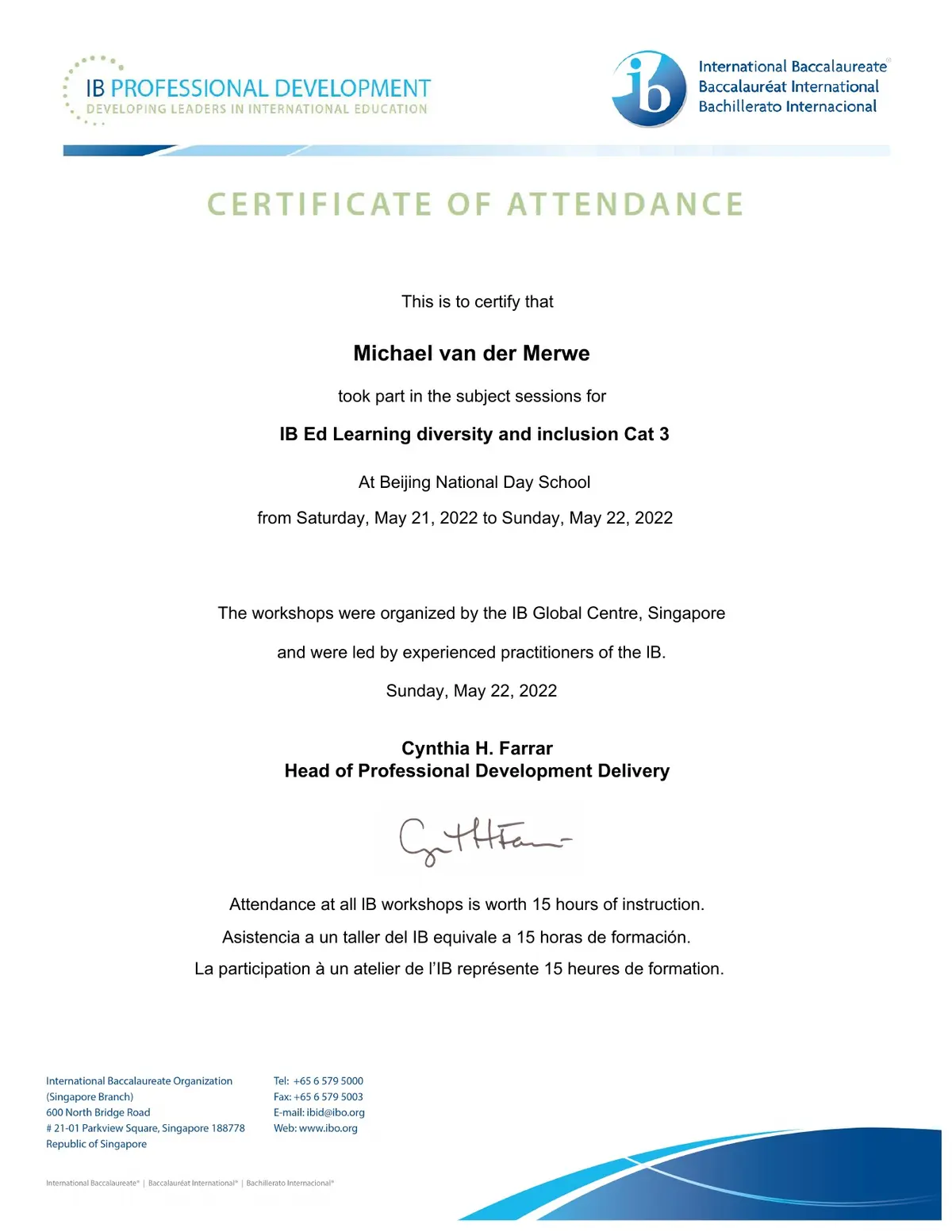 IB Learning Diversity and Inclusion Category 3 certificate, May 2022