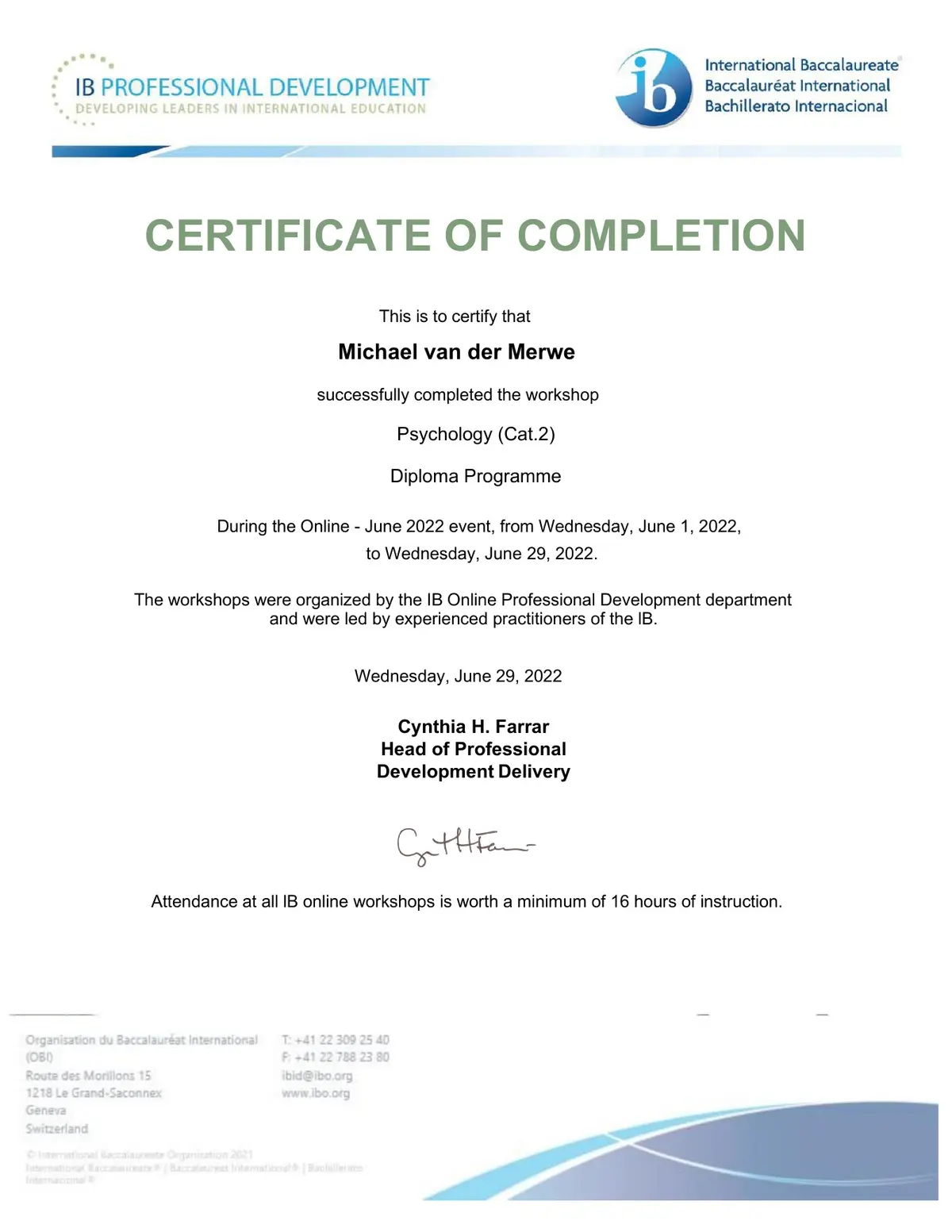 IB Psychology Category 2 certificate, June 2022