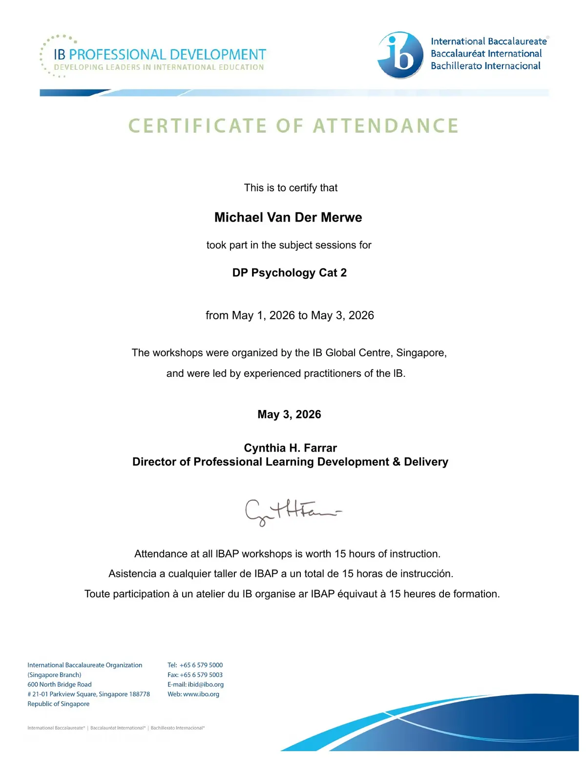 IB DP Psychology Category 2 certificate, May 2026