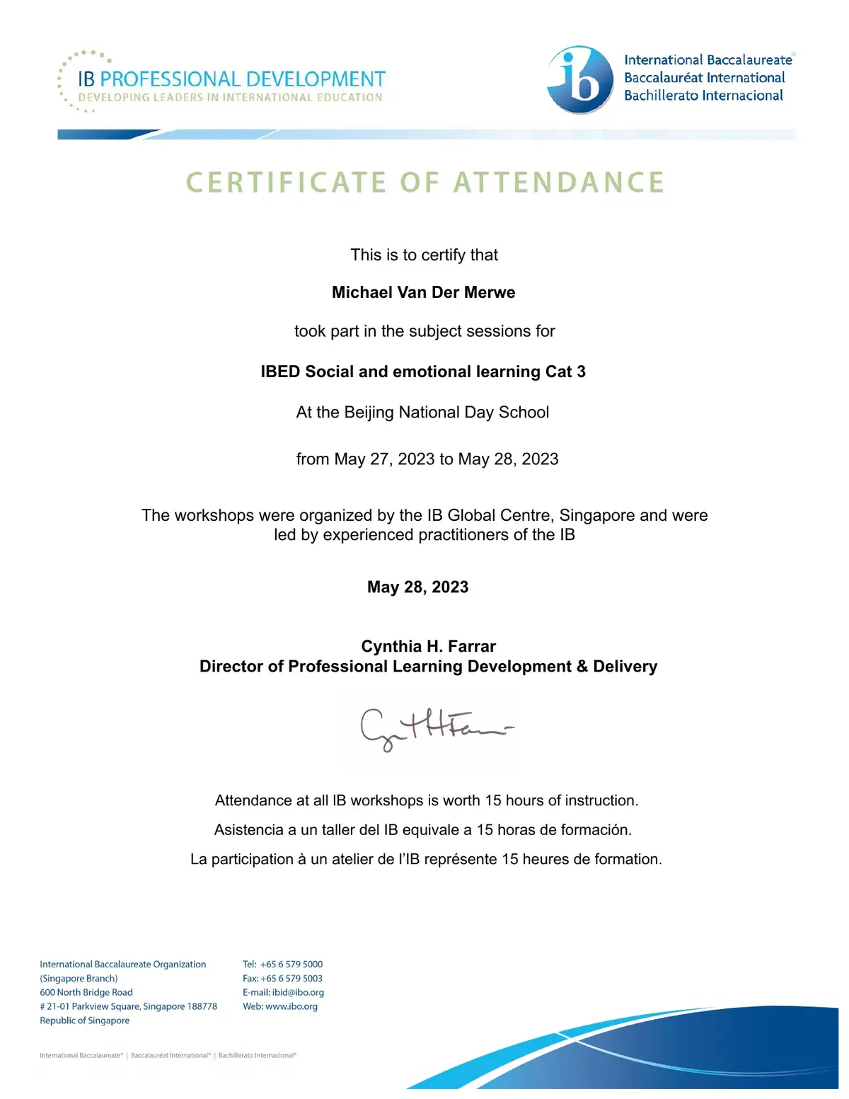 IB Social and Emotional Learning Category 3 certificate, May 2023