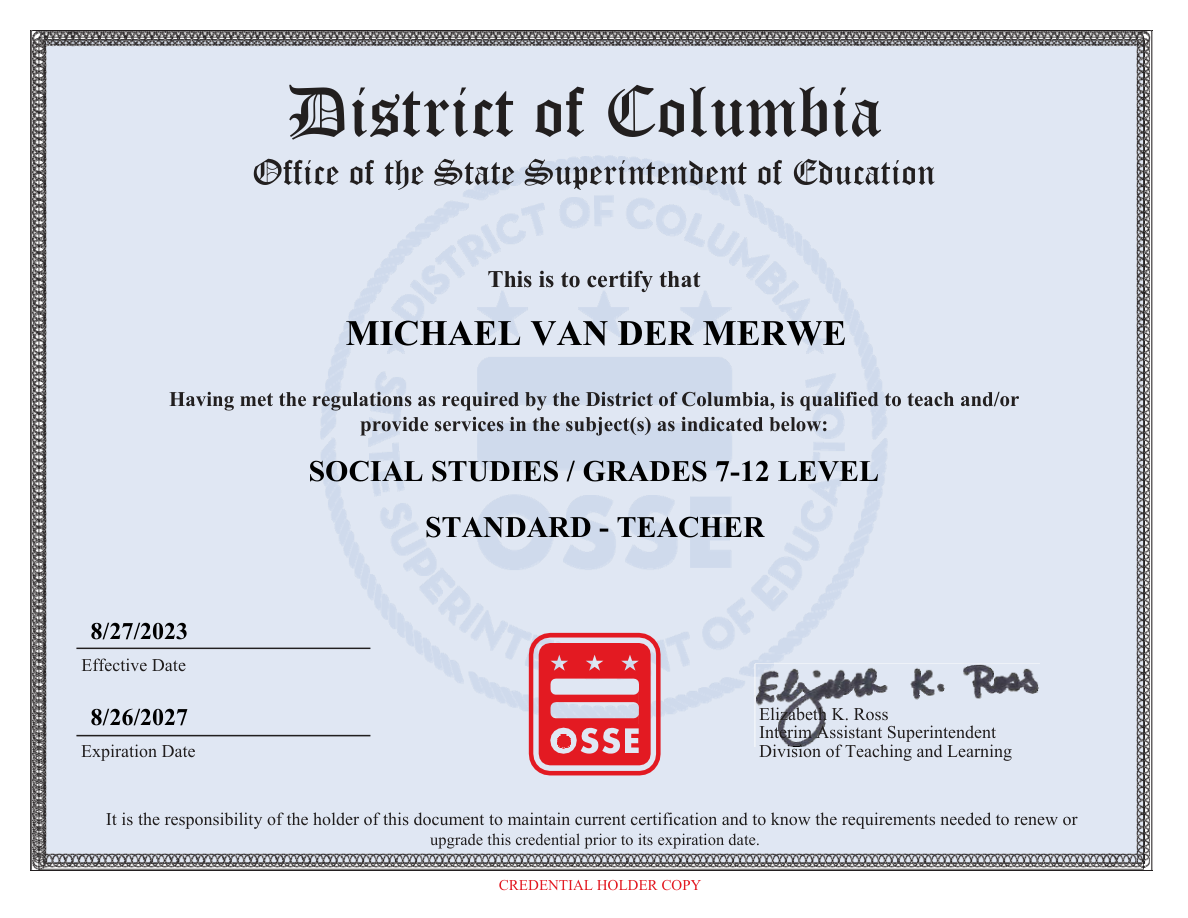 District of Columbia teaching licence